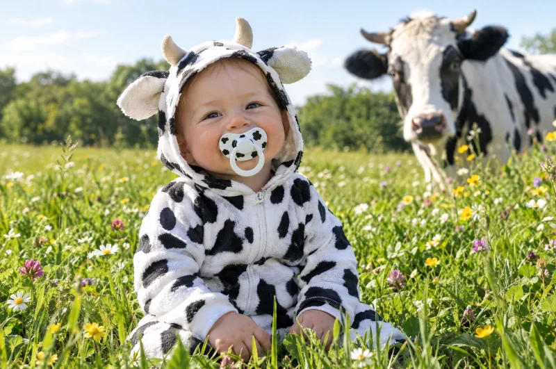 KI-Bild: Baby im Kuhkostüm mit Kuhflecken-Schnuller auf einer Blumenwiese, dahinter eine Kuh