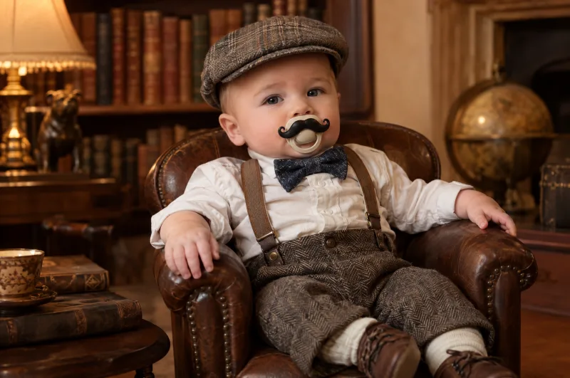 KI-Bild: Baby mit Schiebermütze und Fliege im Ledersessel, mit Schnurrbart-Schnuller wie ein englischer Gentleman