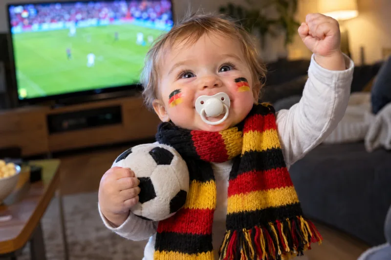 KI-Bild: jubelndes Baby mit Schal und Wangenbemalung in Schwarz-Rot-Gold und Fußball vor dem Fernseher