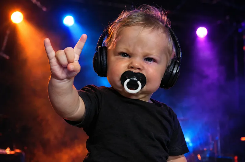KI-Bild: Baby mit Kopfhörern und schwarzem Schnuller macht auf einer Konzertbühne das Rock-Zeichen