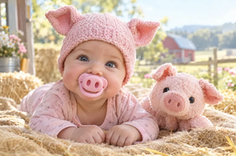 KI-Bild: Baby mit rosa Schweinchenmütze und Schweinenasen-Schnuller im Stroh neben einem Plüschferkel